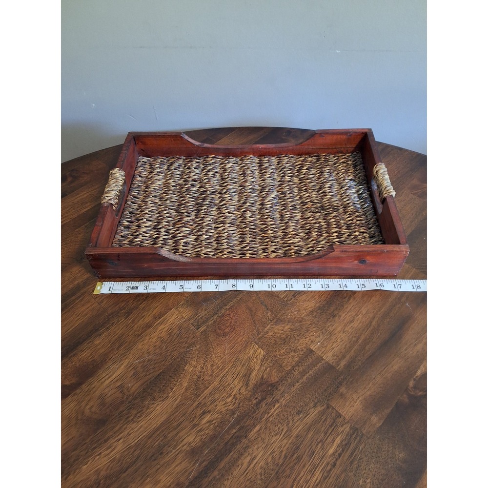 Rustic Wood and Woven Seagrass Serving Tray with Handles Brown Rectangle 17.5in - Picture 2 of 7